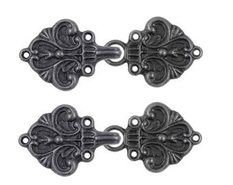 2 Pairs Fleur De Lis Cloak Clasp Hook And Eye Vintage Black Fasteners. 70mm x 26mm Fastened.