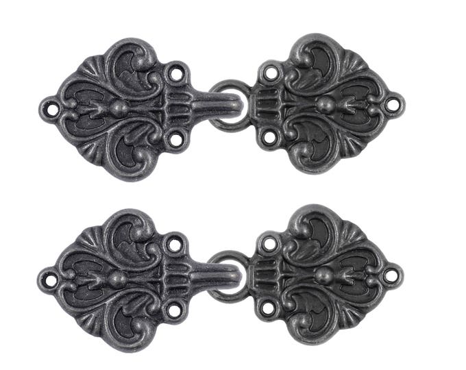 2 Pairs Fleur De Lis Cloak Clasp Hook And Eye Vintage Black Fasteners. 70mm x 26mm Fastened.
