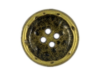 Metal Buttons - Hammered Surface Thicken Border Design Antiqued Brass Metal Hole Buttons - 22mm - 7/8 inch - 6 pcs