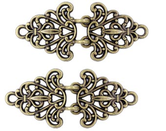 2 Pairs Filigree Trivet Cloak Clasp Hook And Eye Antique Brass Fasteners. 64mm x 29mm Fastened.