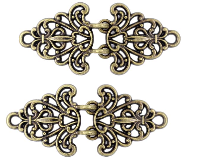 2 Pairs Filigree Trivet Cloak Clasp Hook And Eye Antique Brass Fasteners. 64mm x 29mm Fastened.