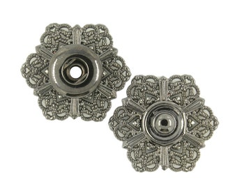 Hexagonal Filigree Metal Snap Buttons in Gunmetal Color - 21mm - 13/16 inch - 5 sets