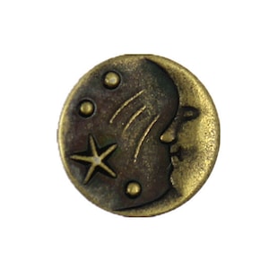 Metal Buttons - Smile Moon and Stars Antiqued Brass Color Metal Shank Buttons - 11mm - 7/16 inch - 6 pcs