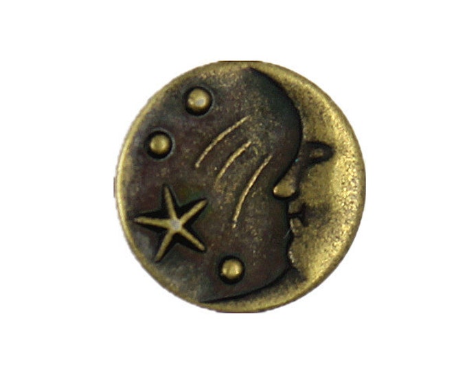 Metal Buttons - Smile Moon and Stars Antiqued Brass Color Metal Shank Buttons - 11mm - 7/16 inch - 6 pcs