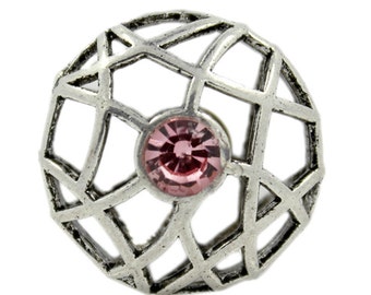 Metal Buttons - Pink Crystal on 3D Round Cage Antique Silver Metal Shank Buttons - 20mm - 3/4 inch - 1 piece