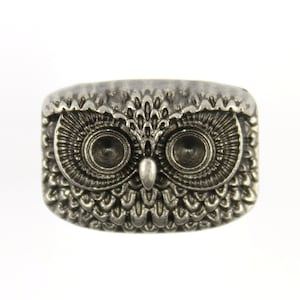 May include: A silver owl ring with detailed features, including eyes, beak, and feathers.