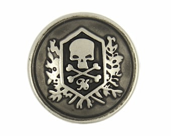 Metal Buttons - Silver Black Skull Emblem Pattern Metal Shank Buttons - 15mm - 5/8 inch - 6 pcs