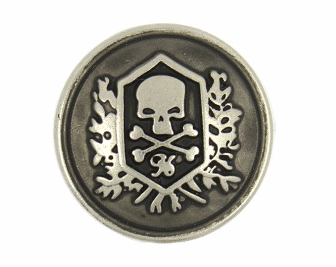 Metal Buttons - Silver Black Skull Emblem Pattern Metal Shank Buttons - 15mm - 5/8 inch - 6 pcs