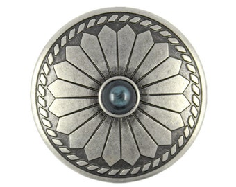 Flower Pattern Blue Turquoise Concho Style Gray Silver Metal Shank Buttons - 33mm - 1 1/4 inch - 6 pcs