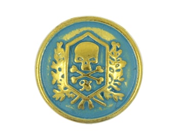 Metal Buttons - Teal Blue Painted Gold Color Skull Emblem Metal Shank Buttons - 15mm - 5/8 inch - 6 pcs