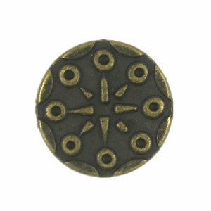 May include: A round, antique gold-toned metal button with a decorative design of a starburst with eight points and eight circles around the starburst.