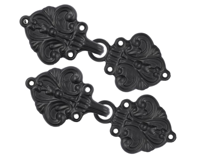 2 Pairs Fleur De Lis Cloak Clasp Hook And Eye Matte Black Fasteners. 70mm x 26mm Fastened.