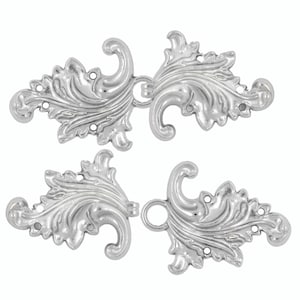 2 Pairs Asymmetric Acanthus Leaf Cloak Clasp Hook And Eye Shiny Silver Fasteners. 66mm x 28mm Fastened.