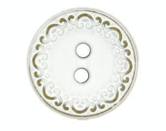 Metal Buttons - White and Brass Scrollwork Edge Metal Hole Buttons - 18mm - 11/16 inch - 6 pcs