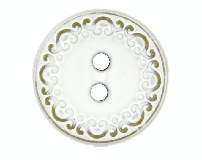 Metal Buttons - White and Brass Scrollwork Edge Metal Hole Buttons - 18mm - 11/16 inch - 6 pcs