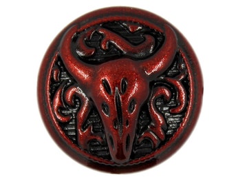 Metal Buttons - Red Embossed Cow Skull Metal Shank Buttons - 25mm - 1 inch - 6 pcs