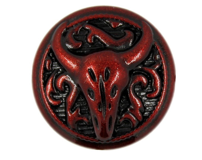 Metal Buttons - Red Embossed Cow Skull Metal Shank Buttons - 25mm - 1 inch - 6 pcs
