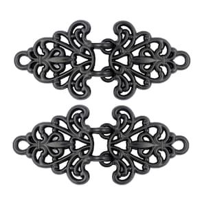 2 Pairs Filigree Trivet Cloak Clasp Hook And Eye Matte Black Fasteners. 64mm x 29mm Fastened.