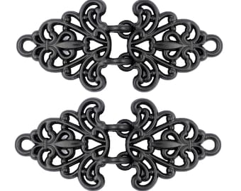 2 Pairs Filigree Trivet Cloak Clasp Hook And Eye Matte Black Fasteners. 64mm x 29mm Fastened.