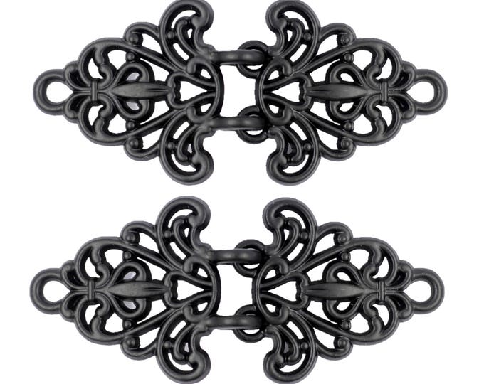 2 Pairs Filigree Trivet Cloak Clasp Hook And Eye Matte Black Fasteners. 64mm x 29mm Fastened.
