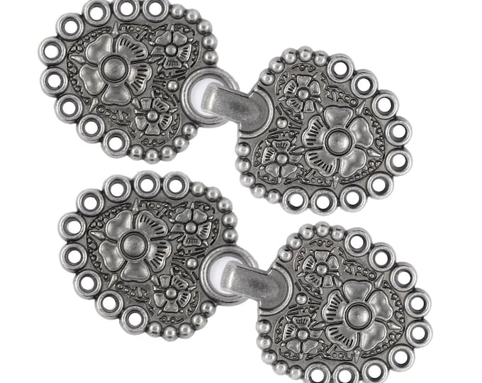 2 Pairs Romantic Bouquet Cloak Clasp Hook And Eye Gray Silver Fasteners. 62mm x 25mm Fastened.