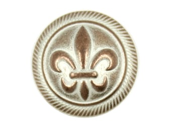 Metal Buttons - Copper White Embossed Fleur-De-Lis Metal Shank Domed Buttons - 17mm - 11/16 inch - 6 pcs