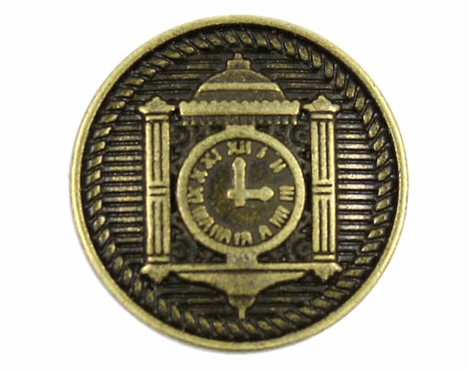 Clock Metal Buttons - Roman Clock Antique Brass Metal Shank Buttons - 20mm - 3/4 inch - 6 pcs