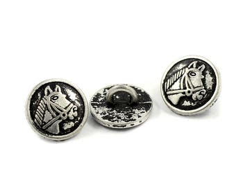 Metal Buttons - Embossed Horsehead Retro SIlver Metal Shank Buttons - 11mm - 7/16 inch - 6 pcs