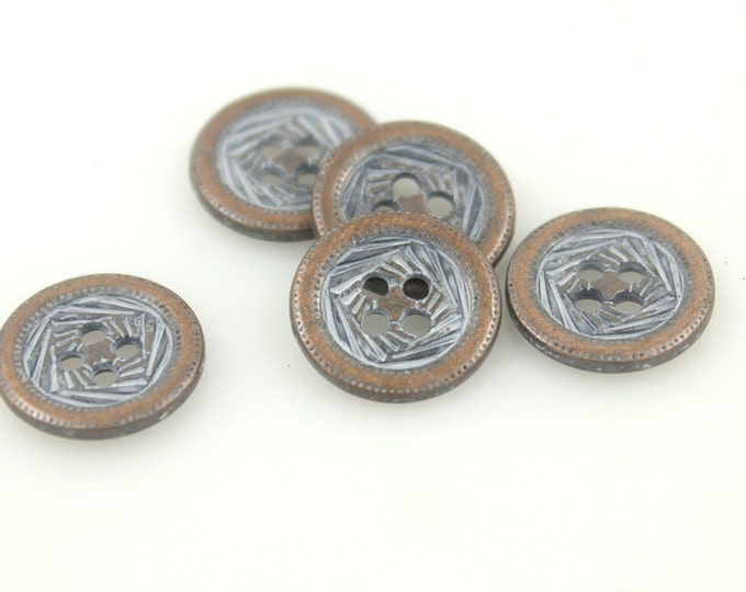 Metal Buttons - Pastel Blue Painting Layered Square Metal Hole Buttons in Copper Color - 12mm - 1/2 inch - 6 pcs