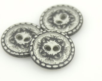 Metal Buttons - Flower Engraving Gunmetal White Metal Hole Buttons - 15mm - 5/8 inch - 6 pcs