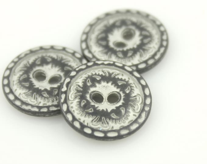 Metal Buttons - Flower Engraving Gunmetal White Metal Hole Buttons - 15mm - 5/8 inch - 6 pcs