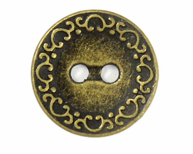 Metal Buttons - Retro Brass Scrollwork Edge Metal Hole Buttons - 20mm - 3/4 inch - 6 pcs