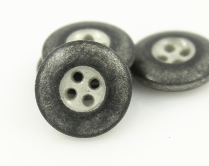 Metal Buttons - Thick Edge Design Gunmetal White Center Metal Hole Buttons  - 15mm - 5/8 inch - 6 pcs