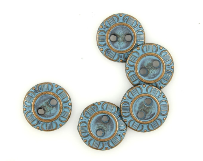 Metal Buttons - Small Copper Metal Hole Flower Buttons in Pastel Blue Color - 12mm - 1/2 inch - 6 pcs
