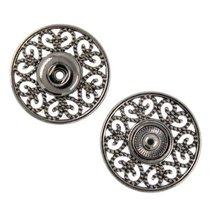 Flower Filigree Metal Snap Buttons , Gunmetal Color , Openwork - 23mm - 3/4 inch - 5 sets