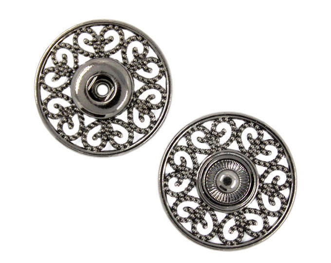 Flower Filigree Metal Snap Buttons , Gunmetal Color , Openwork - 23mm - 3/4 inch - 5 sets