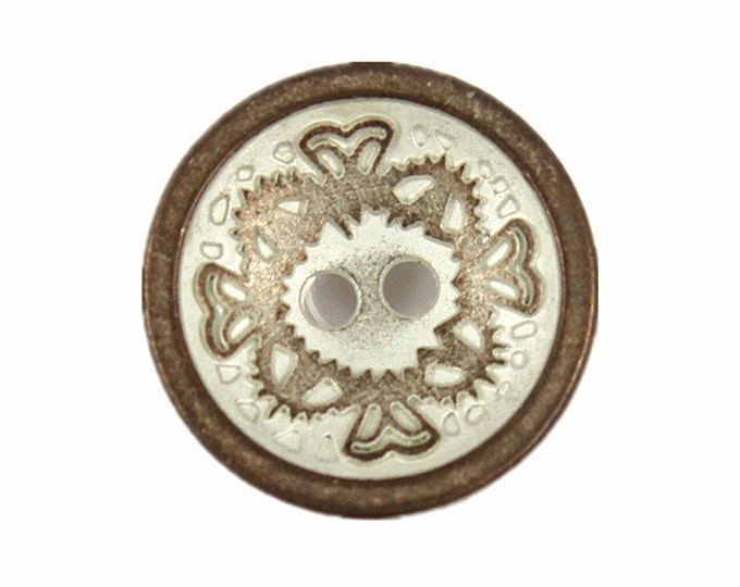 Metal Buttons - Concave Floral Carving Copper White Metal Hole Buttons - 15mm - 5/8 inch - 6 pcs