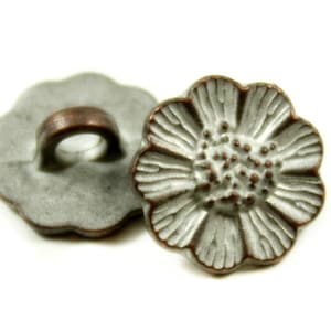 Metal Buttons - Small Daisy Copper White Patina Metal Shank Buttons - 13mm - 1/2 inch - 6 pcs
