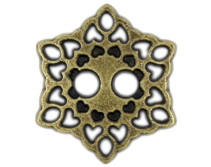 Metal Buttons - Hearts Filigree Antique Brass Metal Hole Buttons - 17mm - 11/16 inch - 6 pcs