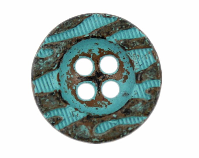 Metal Buttons - Green Patina Water Flow Texture Metal Hole Buttons - 14mm - 9/16 inch - 6 pcs