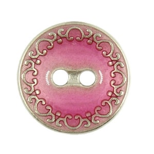 Metal Buttons - Aqua Pink Enamel With Silver Scrollwork Edge Metal Hole Buttons - 18mm - 11/16 inch - 9 pcs