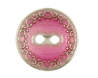Metal Buttons - Aqua Pink Enamel With Silver Scrollwork Edge Metal Hole Buttons - 18mm - 11/16 inch - 9 pcs