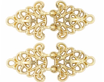 2 Pairs Filigree Trivet Cloak Clasp Hook And Eye Gold Fasteners. 64mm x 29mm Fastened.
