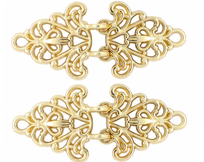 2 Pairs Filigree Trivet Cloak Clasp Hook And Eye Gold Fasteners. 64mm x 29mm Fastened.