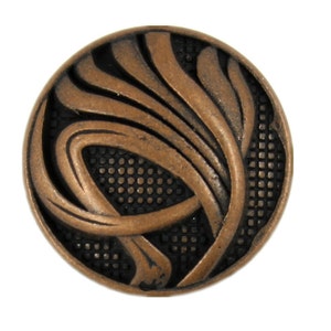 May include: A copper-colored button with a decorative design of stylized leaves and a textured background.