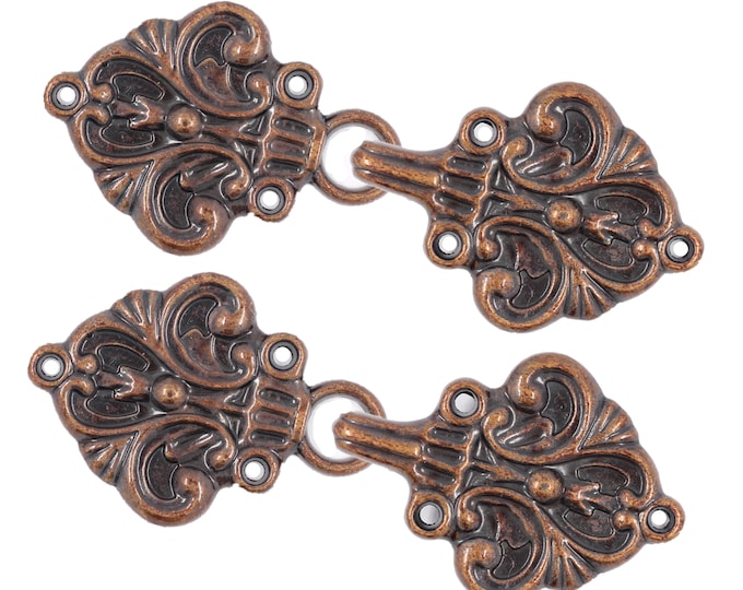 2 Pairs Fleur De Lis Cloak Clasp Hook And Eye Antique Copper Fasteners. 70mm x 26mm Fastened.