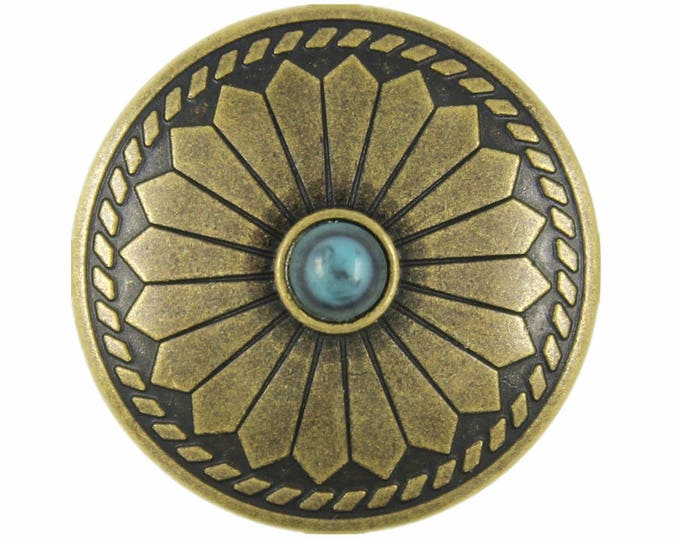 Flower Pattern Blue Turquoise Concho Style Antique Brass Metal Shank Buttons - 33mm - 1 1/4 inch - 6 pcs