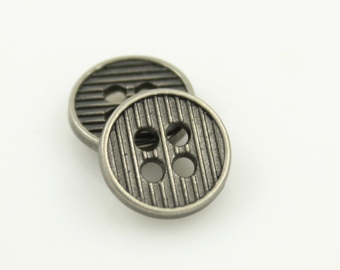 Metal Buttons - Parallel Lines Gray Silver Metal Hole Buttons - 12mm - 1/2 inch - 6 pcs