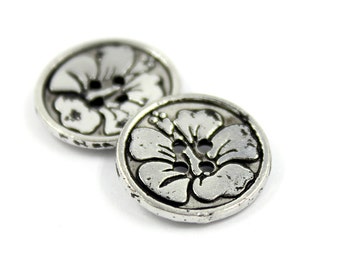 Metal Buttons - Bauhinia Flower Engraving Silver Black Metal Hole Buttons - 15mm - 5/8 inch - 6 pcs