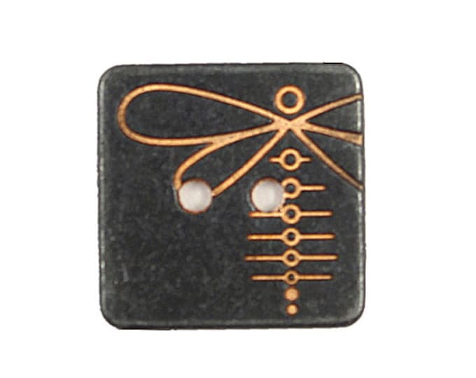 Square Black Metal and Copper Engraving Dragonfly Pattern 2 holes Buttons - 15 mm - 5/8 inch - 6 pcs